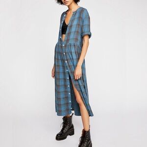 NWT CP SHADES x Free People Lou Lou Blue Plaid Buttondown Midi Dress Size Small